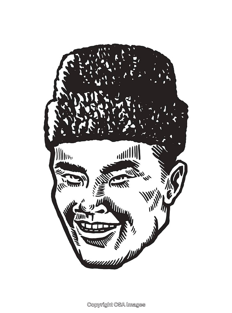 Black And White Illustration of a Smiling Man Wearing a Fur Hat