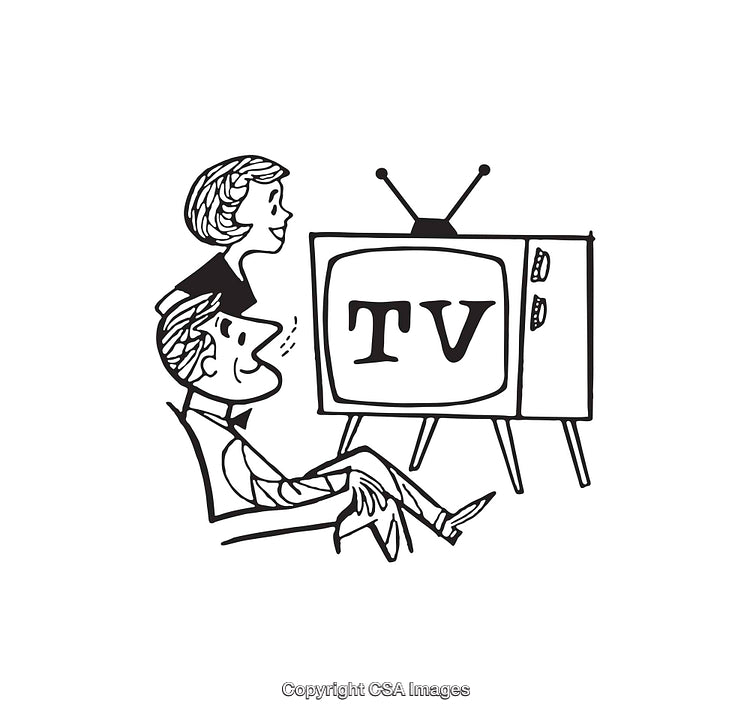 Vintage Line Art of a Family Watching Television Together at Home
