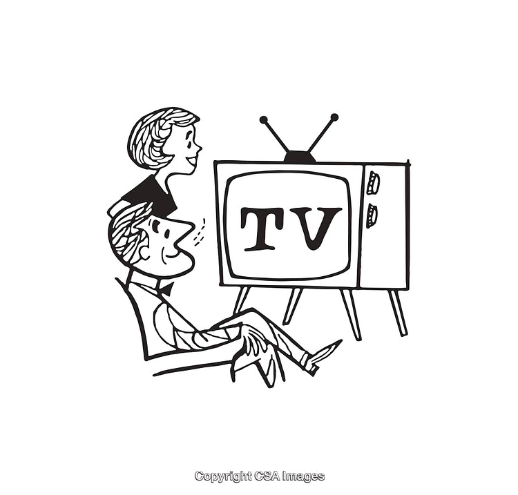 Vintage Line Art of a Family Watching Television Together at Home