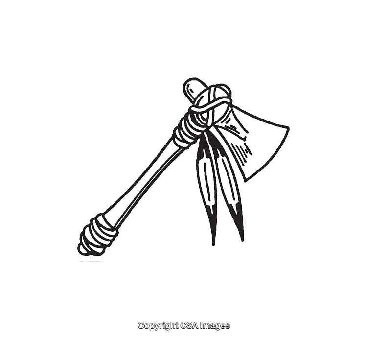 Illustration of a Traditional Tomahawk Axe with Feathers in Black and White