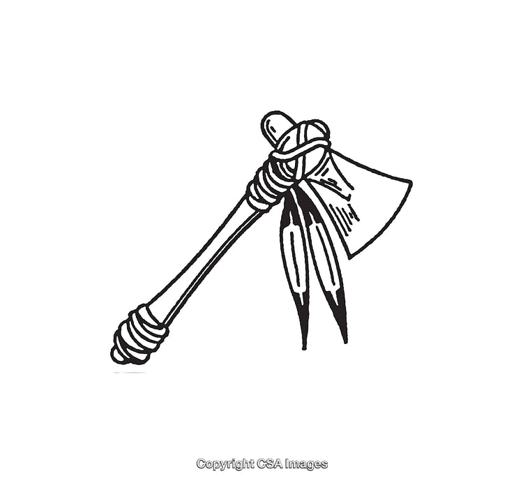 Illustration of a Traditional Tomahawk Axe with Feathers in Black and White