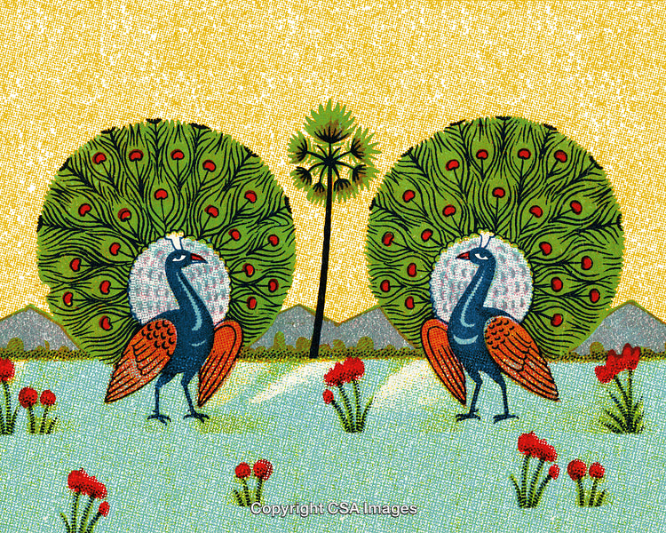 Colorful Embroidered Artwork of Two Peacocks in a Serene Garden Scene