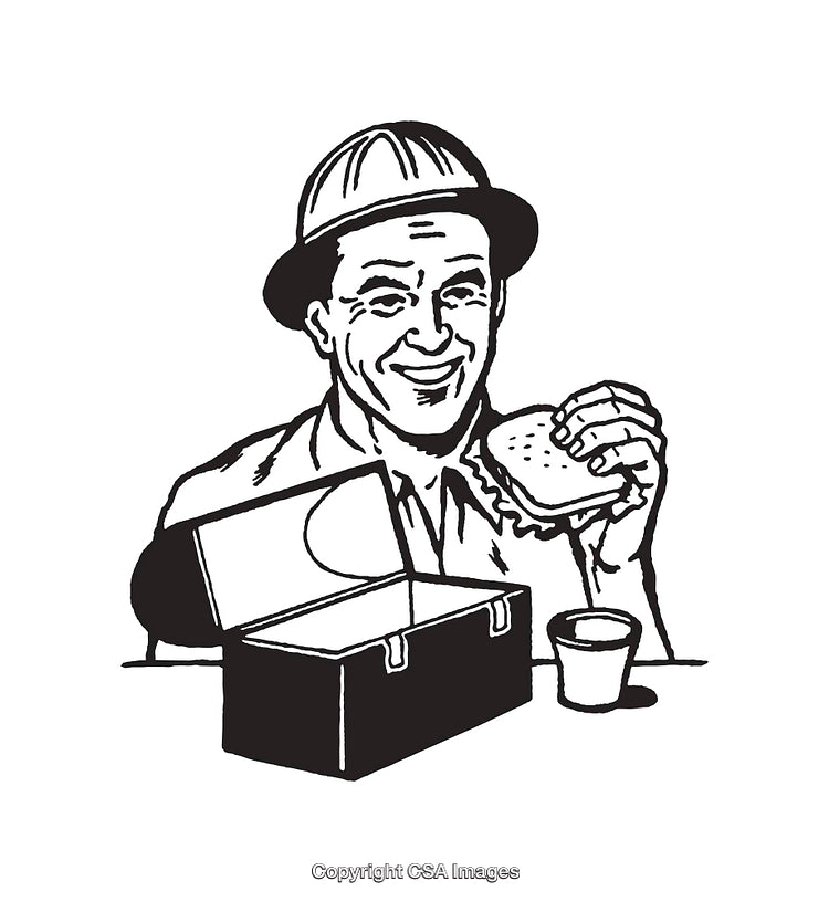 Black and White Line Art of Worker Enjoying Lunch at Work