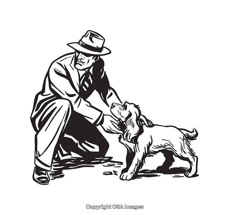 Man Kneeling and Interacting with a Dog in Line Art Style