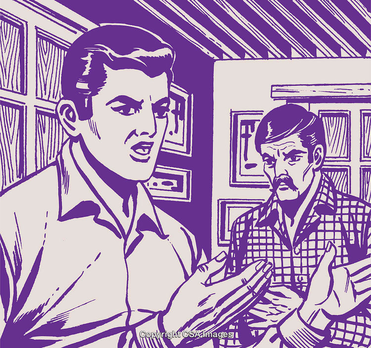 Retro Illustration of Two Men Discussing Indoors with Intense Expressions