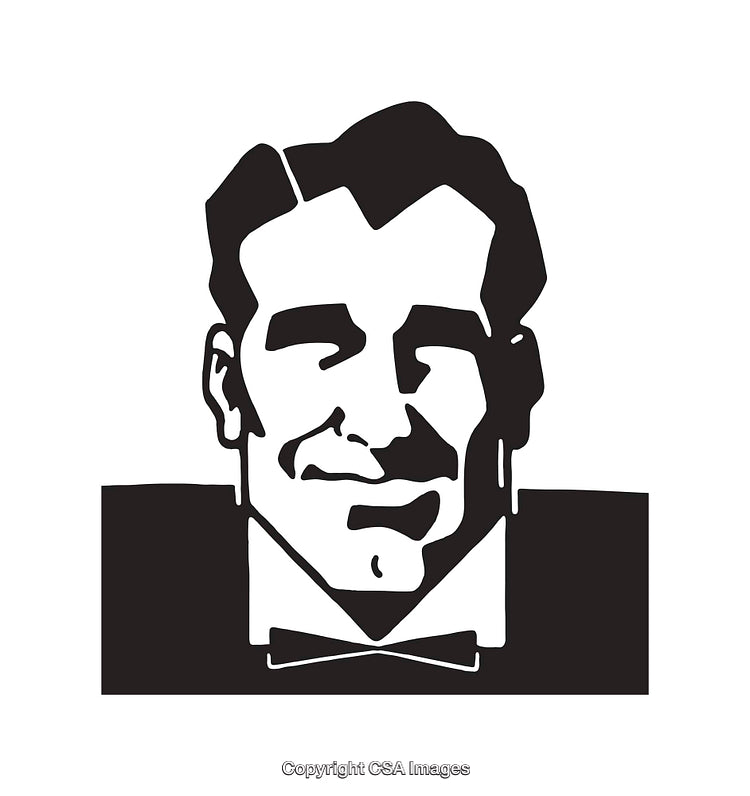 Black and White Illustration of a Smiling Gentleman in a Suit and Bow Tie