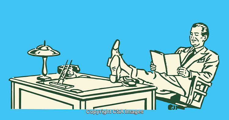 Vintage Illustration of a Businessman Relaxing at Desk with Feet Up