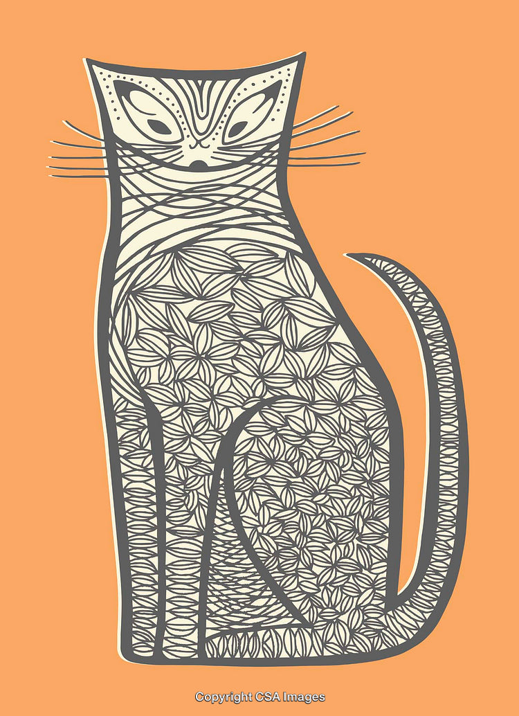 Intricately Designed Artistic Line Drawing of a Cat on Orange Background