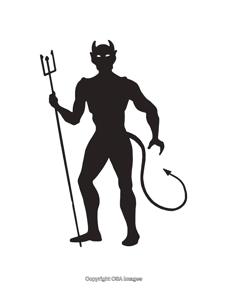 Silhouette of a Devil with Pitchfork and Tail in Black and White