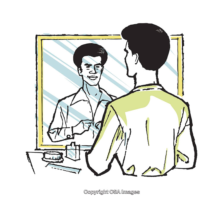 Man Observing Himself in the Mirror in a Vibrant Illustration