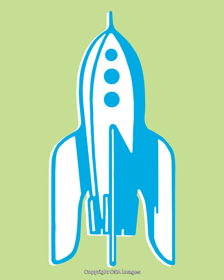 Blue Rocket Illustration on a Light Green Background in Line Art Style