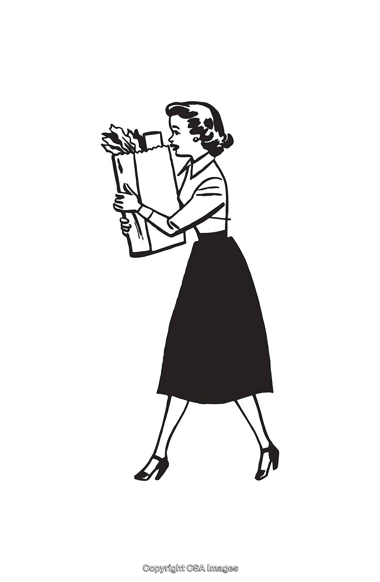 Vintage Black and White Illustration of Woman Holding Grocery Bag