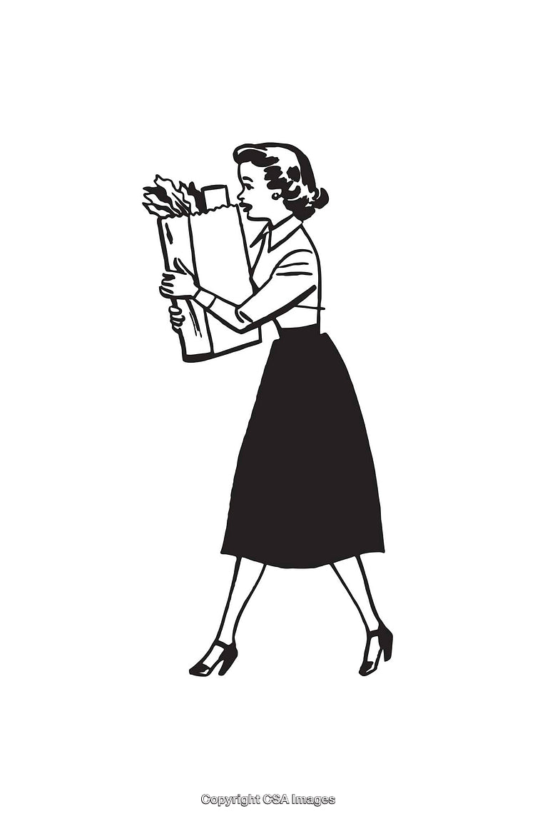 Vintage Black and White Illustration of Woman Holding Grocery Bag