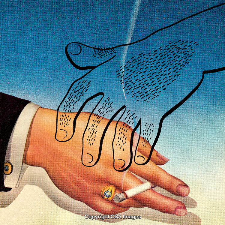 Abstract Composition of Drawing and Photography Featuring Hands with a Cigarette