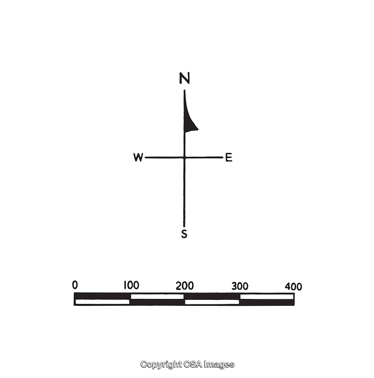 Black and White Compass Diagram with Measurement Scale Depiction