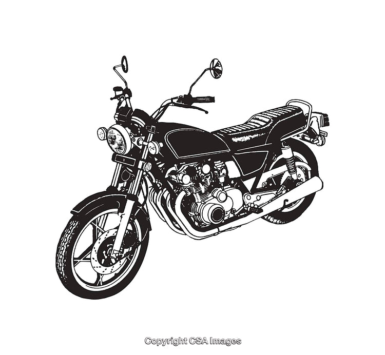 Black and White Illustration of a Vintage Motorcycle in Line Art Style