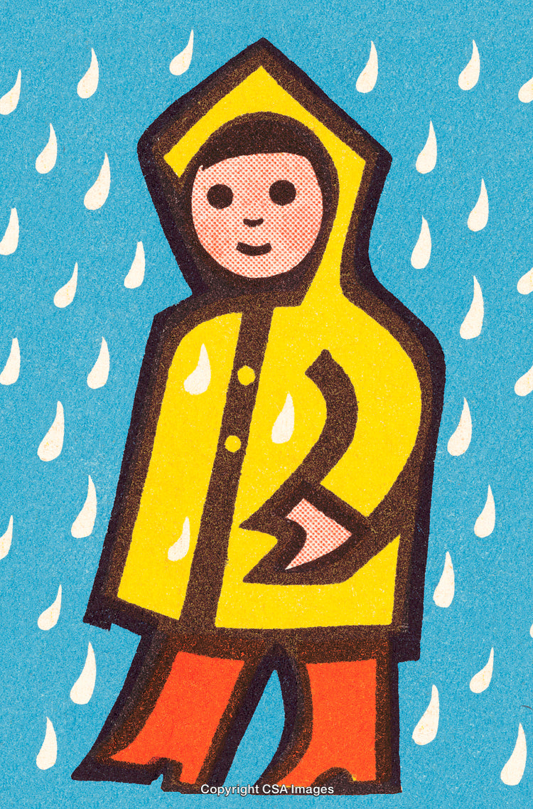 Child Wearing a Yellow Raincoat in a Colorful Rainy Day Illustration