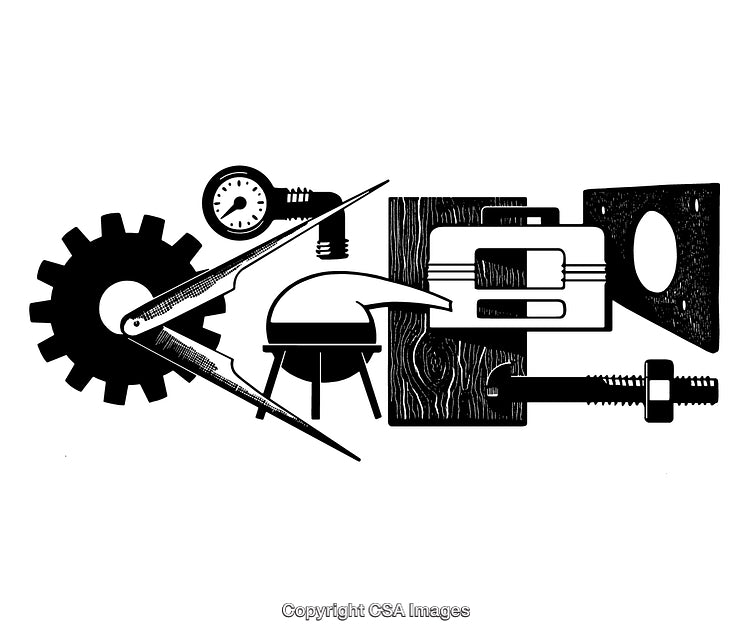 Detailed Black and White Engraving of Tools and Industrial Objects