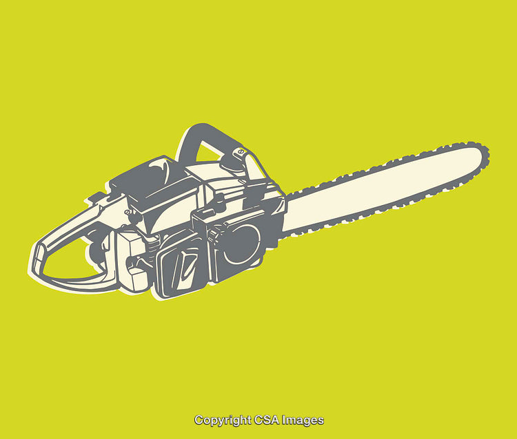 Stylized Chainsaw Illustration on a Bright Olive Green Background