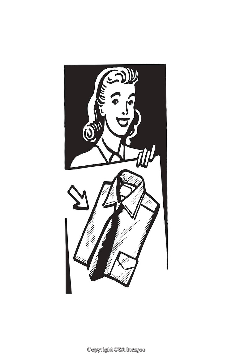 Vintage Line Art Illustration of a Woman Holding Shirt Illustration
