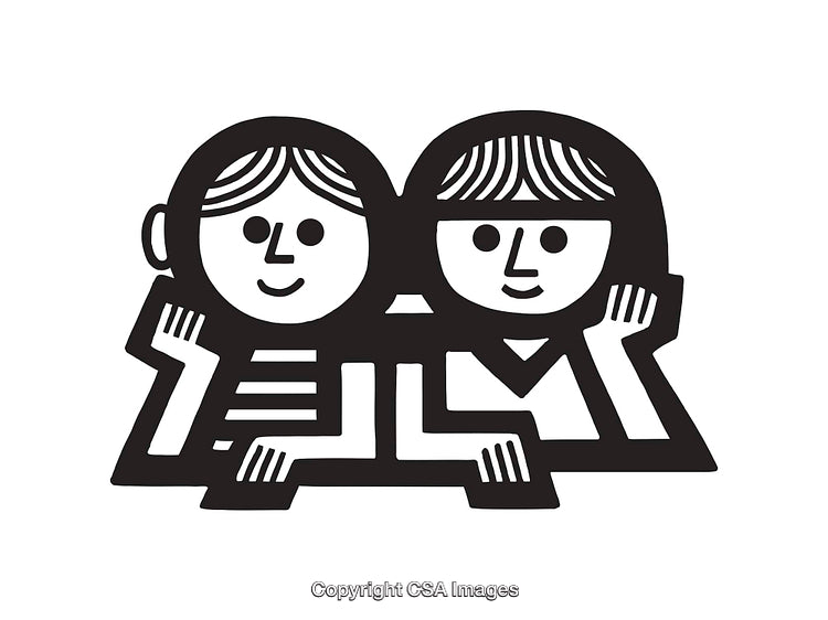 Black and White Line Art of Two Smiling Cartoon Characters