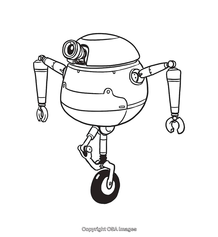 Black and White Line Art of Futuristic Rolling Robot Design