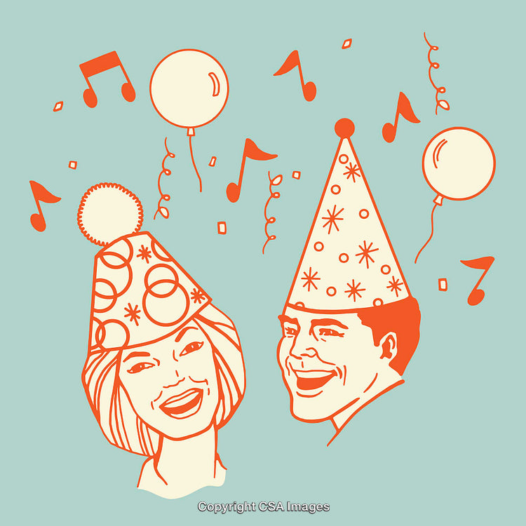 Retro Celebration Illustration Featuring Party Hats and Festive Decorations