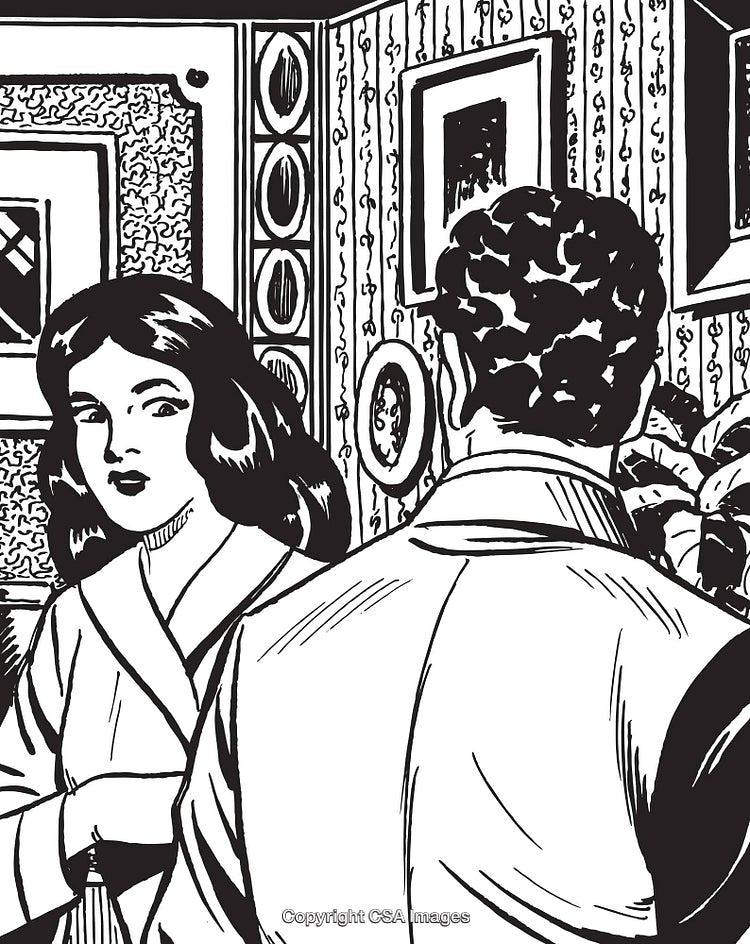 Retro Black and White Illustration of a Man and Woman Indoors