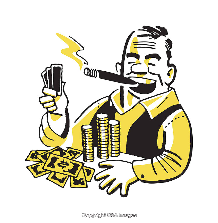 Cartoon Illustration of Wealthy Man Holding Cards and Smoking a Cigar