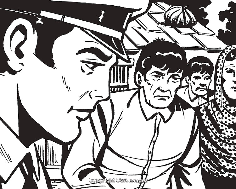Illustrative Scene Featuring A Policeman Interacting With Citizens in Rural Setting