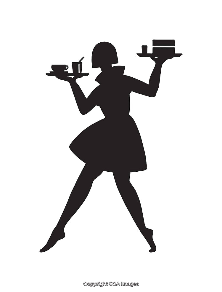 Silhouette of a Waitress Balancing Trays with Drinks and Desserts
