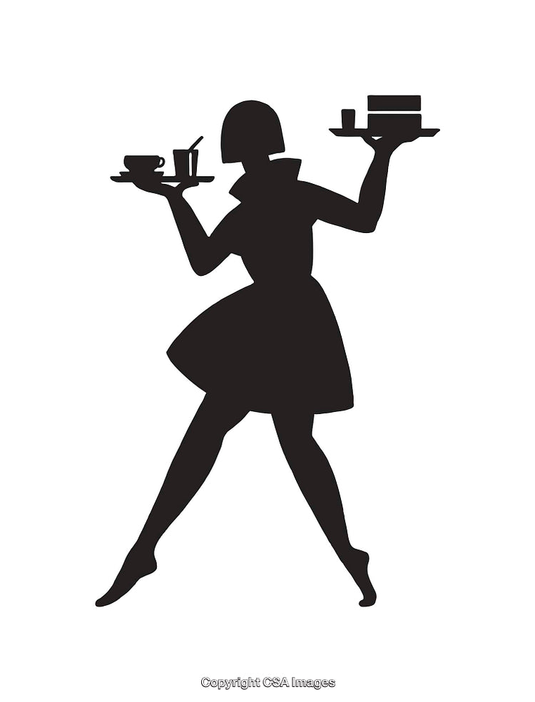 Silhouette of a Waitress Balancing Trays with Drinks and Desserts