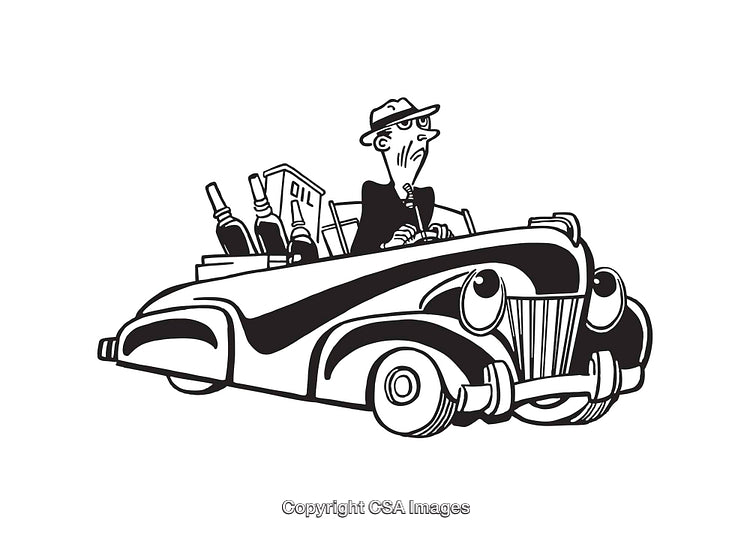 Vintage Cartoon Character Driving Classic Car in Black and White Illustration