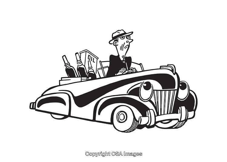 Vintage Cartoon Character Driving Classic Car in Black and White Illustration