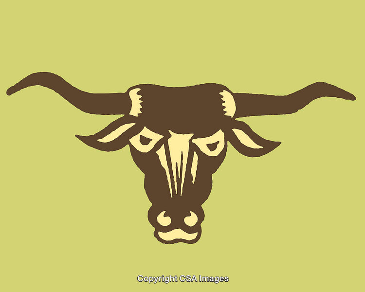 Minimalist Illustration of a Cow Skull with Longhorns on a Green Background
