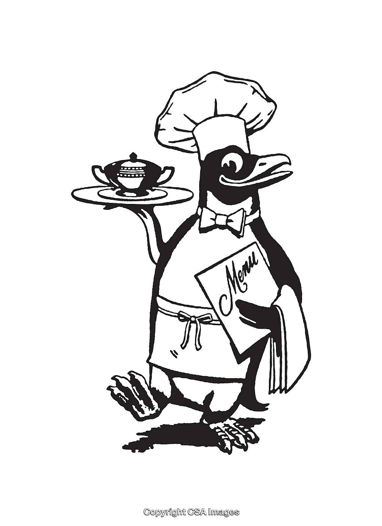 Chef Penguin Holding Menu and Serving Tray Line Art Illustration