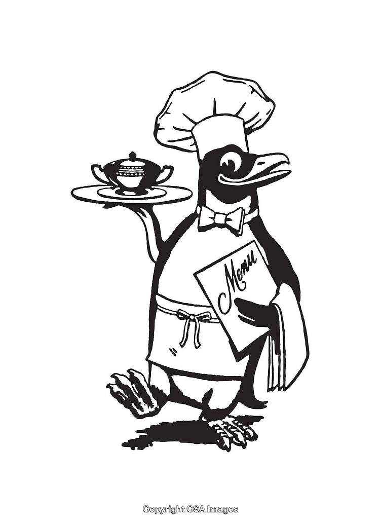 Chef Penguin Holding Menu and Serving Tray Line Art Illustration