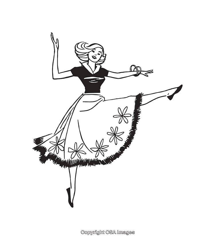 Black and White Illustration of Woman Dancing in Stylish Retro Skirt