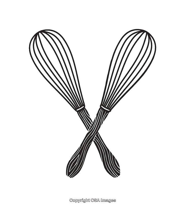 Crossed Whisks Black and White Line Art Illustration of Kitchen Tool