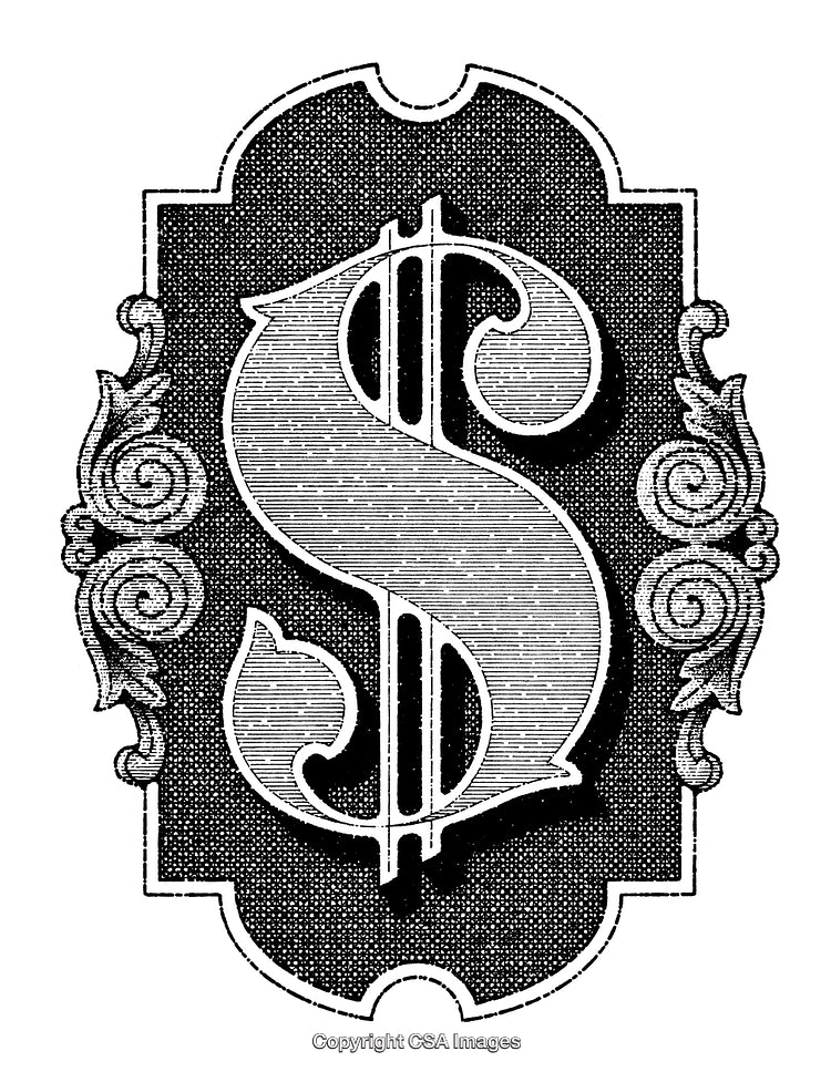 Ornate Vintage Dollar Sign in Engraved Black and White Design