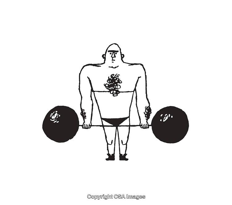 Vintage Black and White Line Art of a Weightlifter Holding a Barbell