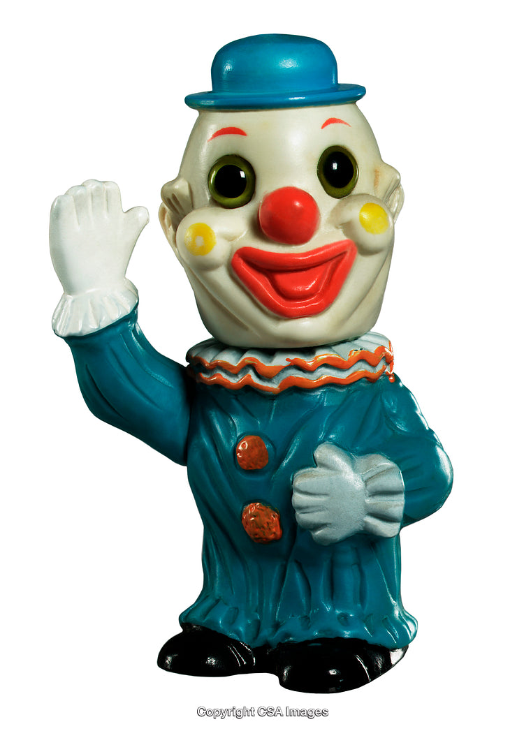 Cheerful Vintage Clown Figurine Enthusiastically Waving in Colorful Attire