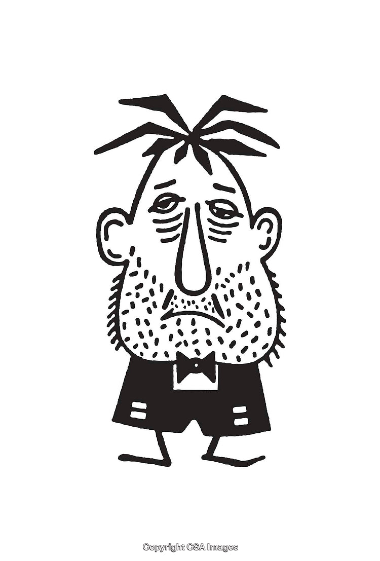 Black and White Illustration of a Quirky Character in Formal Attire