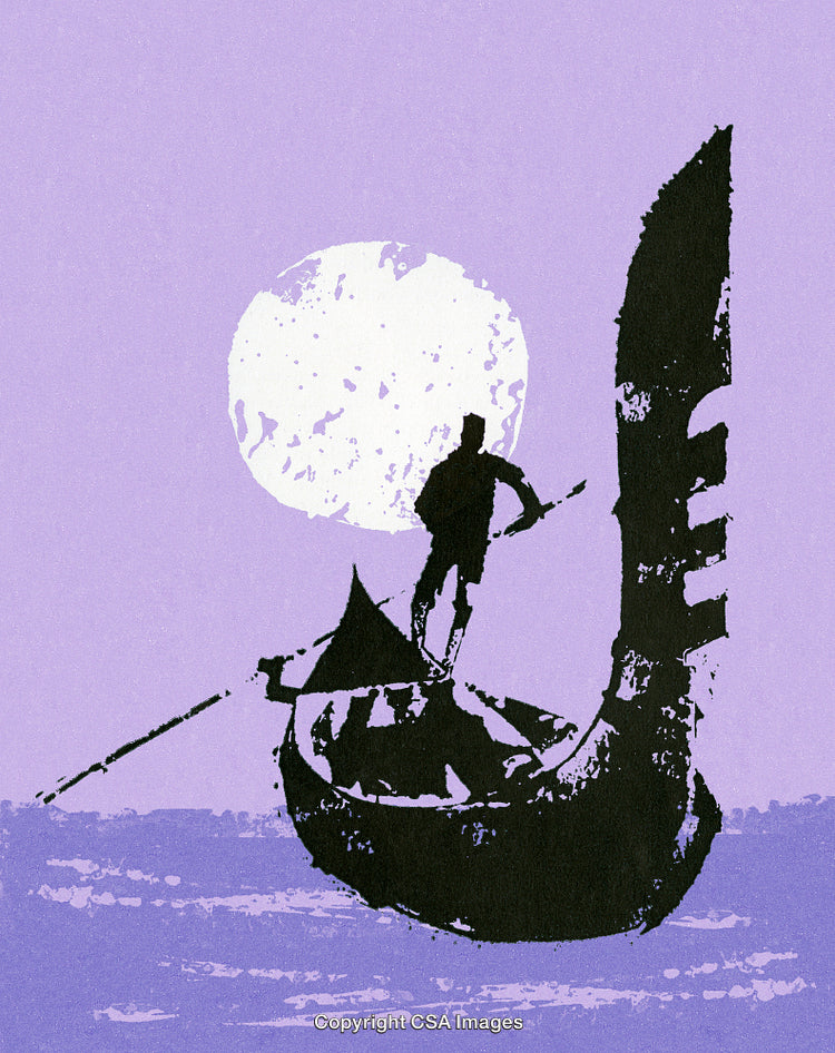 Silhouette of a Gondola against a Full Moon on a Purple Night