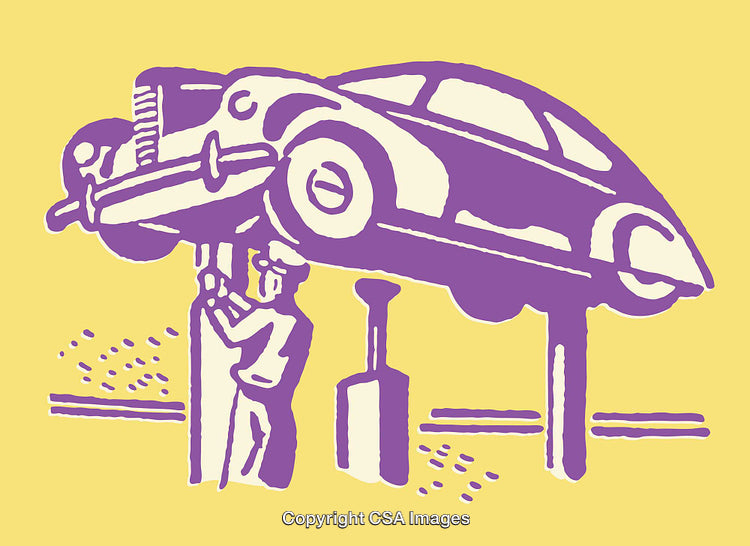 Colorful Line Art Illustration of a Car on a Lift with Mechanic