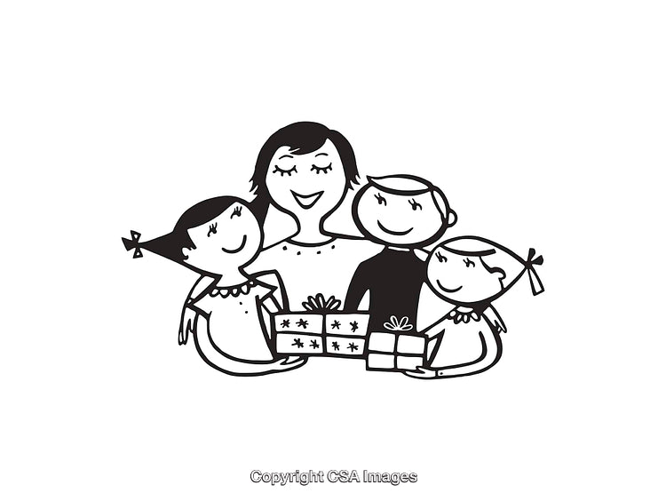 Happy Family Celebrating Together with Gifts in Black and White Illustration