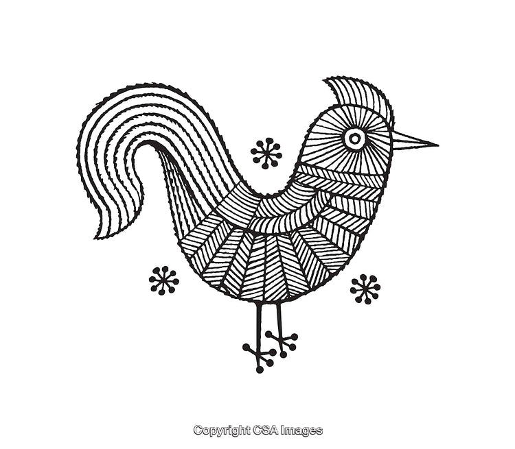 Hand-Drawn Black and White Line Art Bird with Decorative Detail