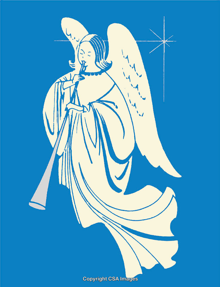 Illustrated Angel Playing a Trumpet with a Star on a Blue Background