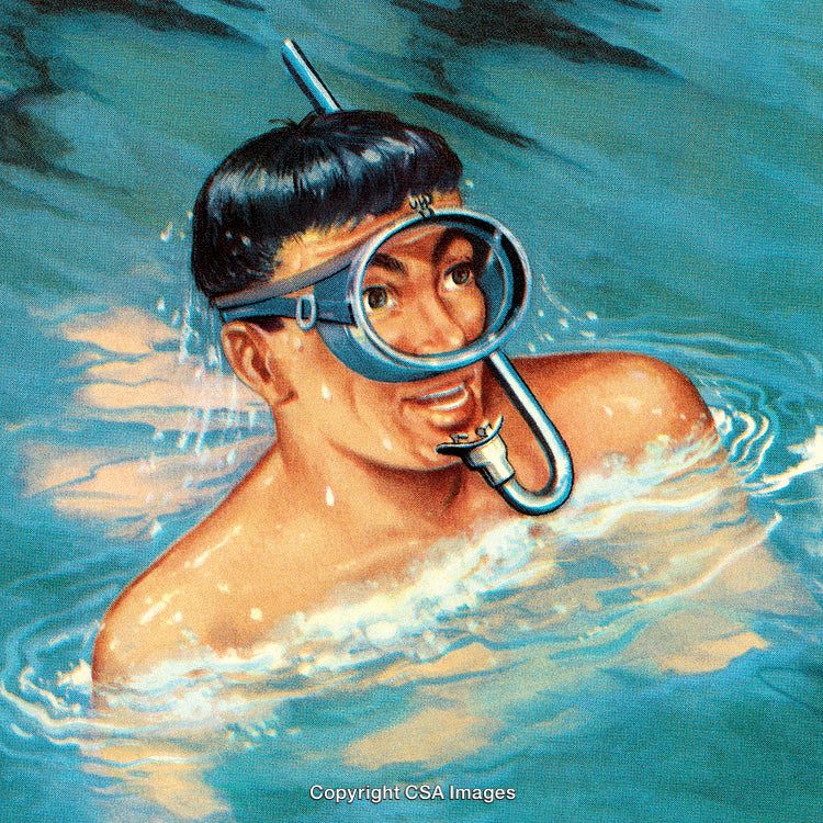Smiling Man Wearing Snorkel Mask in the Water Under Bright Light