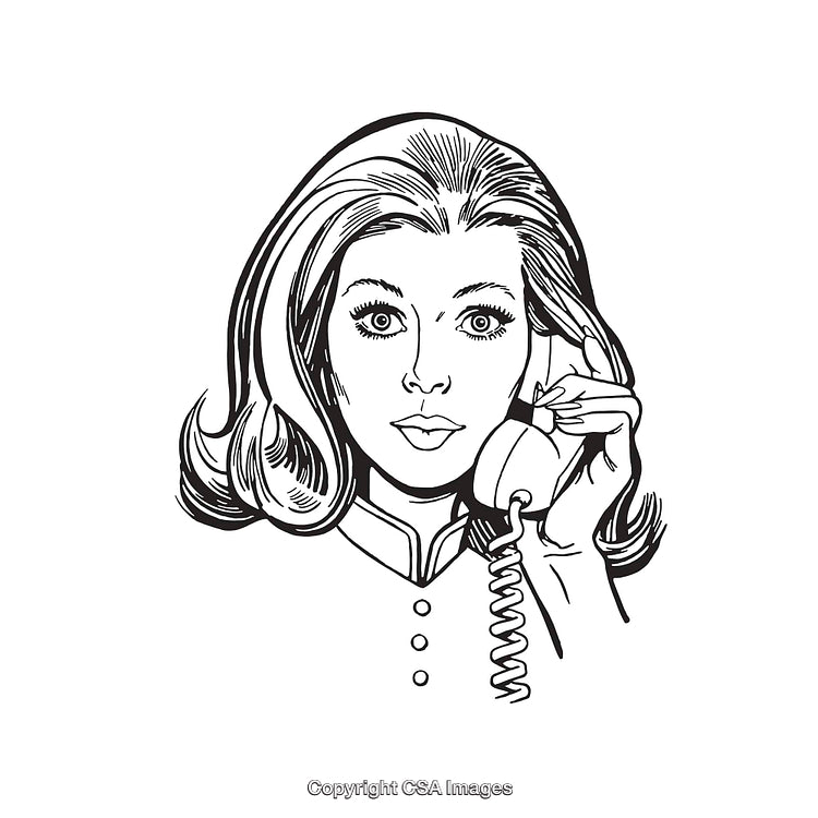 Classic Black and White Illustration of a Woman Using a Landline Telephone